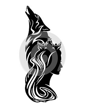 Black vector silhouette portrait of fairy tale princess with howling wolf head