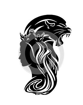 Black vector silhouette portrait of fairy tale princess with roaring lion head