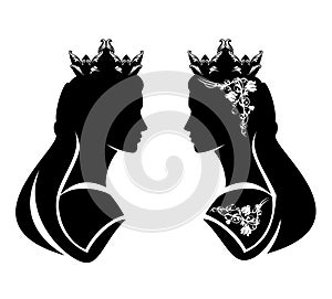 Black vector silhouette portrait of fairy tale princess with rose flowers decor and long hair