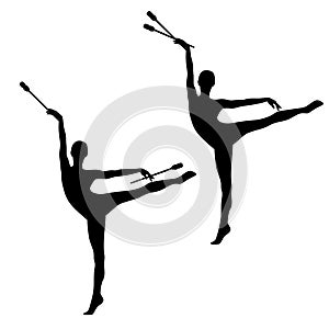 Black vector silhouette of slim woman performing rhythmic gymnatics with juggling clubs