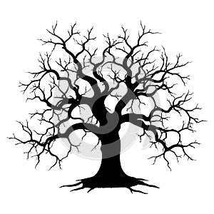Black vector silhouette of spooky tree with raven sitting on its branch isolated on white background. AI generated