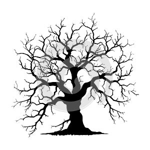 Black vector silhouette of spooky tree with raven sitting on its branch isolated on white background. AI generated