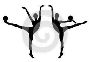 Black vector silhouette of woman performing rhythmic gymnastics with ball