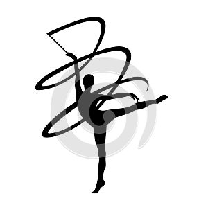 Black vector silhouette of woman performing rhythmic gymnastics ribbon routine