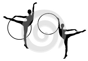 Black vector silhouette of womanl performing rhythmic gymnastics with hula hoop