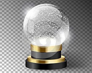 Black vector snow globe empty template isolated on transparent background. Christmas magic ball. Glass ball dome with golden lines