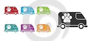 Black Veterinary ambulance icon isolated on white background. Veterinary clinic symbol. Set icons colorful. Vector