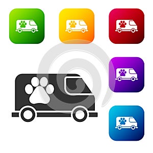 Black Veterinary ambulance icon isolated on white background. Veterinary clinic symbol. Set icons in color square