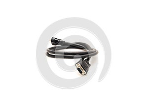 Black VGA cable with nickel plated connectors and copper conductors for video signal transmission isolated on white