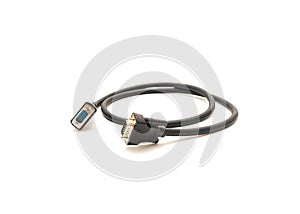 Black VGA cable with nickel plated connectors and copper conductors for video signal transmission isolated on white