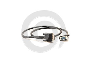 Black VGA cable with nickel plated connectors and copper conductors for video signal transmission isolated on white