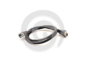 Black VGA cable with nickel plated connectors and copper conductors for video signal transmission isolated on white