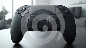 Black video game controller on a dark surface, close-up view.