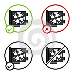 Black Video graphic card icon isolated on white background. Circle button. Vector