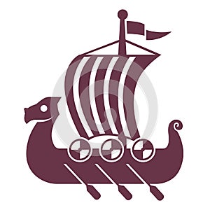 Black viking ship icon with sail and oars.