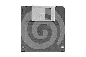 Black vintage floppy disk on white