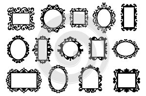 Black vintage frames. Hand drawn silhouettes of decorative square and round borders set for quotes. Elegant retro mirror