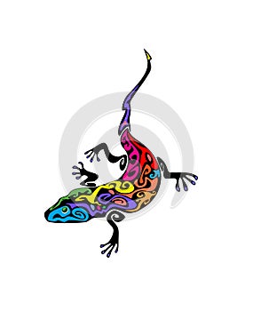 Black vintage gecko tattoo with colorful ethno print isolated on white background