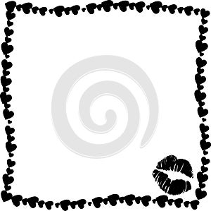 Black vintage hearts border with kiss mark silhouette in corner on white