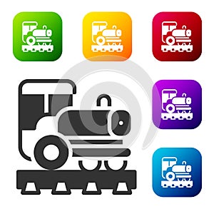 Black Vintage locomotive icon isolated on white background. Steam locomotive. Set icons in color square buttons. Vector