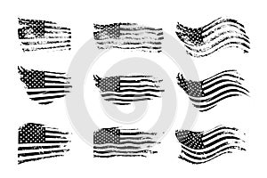 Black vintage USA flags illustration. Vector American flag on grunge texture set.