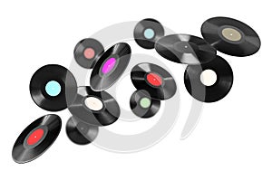 Black vintage vinyl records flying on white background