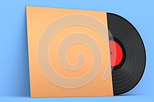 Black vinyl LP record with cover isolated on blue background.