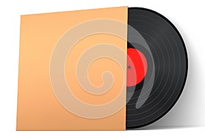 Black vinyl LP record with cover isolated on white background.