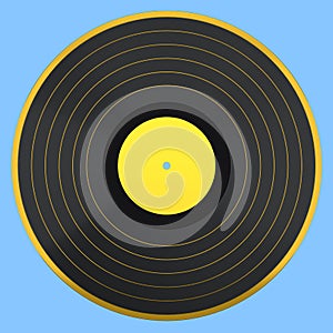 Black vinyl LP record with label isolated on blue background.