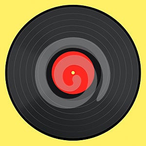 Black vinyl LP record with label isolated on yellow background.