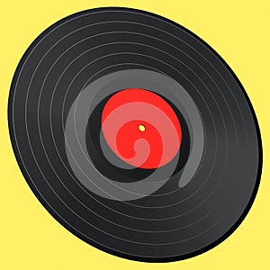 Black vinyl LP record with label isolated on yellow background.