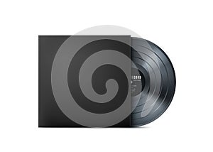 Black Vinyl Music Record. Realistic vintage gramophone disc with cover mockup. Vector illustration