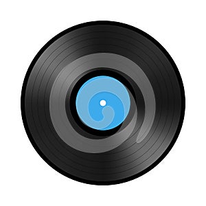 Black vinyl record with blue label isolated on white background. vector illustration