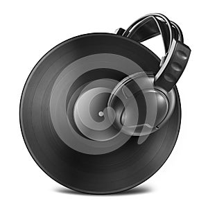 Black vinyl record disc with headphones isolated on white