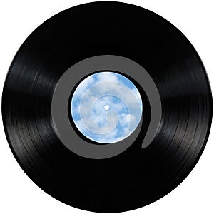 Black vinyl record lp album disc, isolated long play disk with blank empty label copy space in sky bule, clouds, summer cloudscape