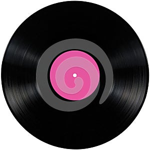 Black vinyl record lp album disc, isolated long play disk, blank label copy space in pink