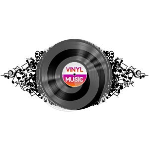 Black vinyl record music on abstract notes background