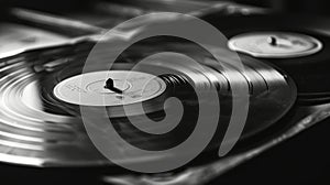 Black vinyl records, artistic monochrome shot. Music history and classic audio concept. Design for music-themed