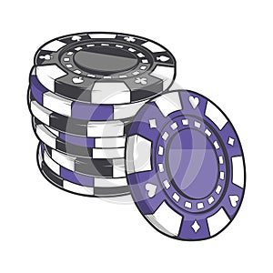 Black and violet stacks of gambling chips, casino tokens isolated on a white background. Color line art. Retro design.