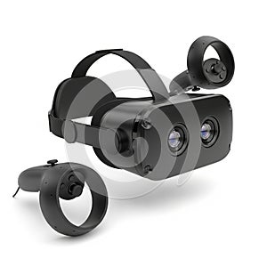 Black Virtual Reality Headset and Controllers on White Background goggles