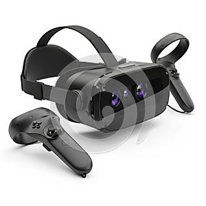 Black Virtual Reality Headset and Controllers on a White Background