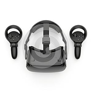 Black virtual reality headset and two controllers on a white background
