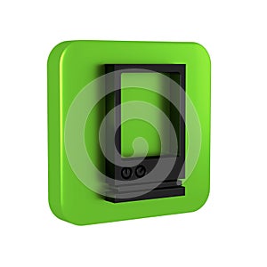 Black Voice assistant icon isolated on transparent background. Voice control user interface smart speaker. Green square