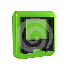 Black Voice assistant icon isolated on transparent background. Voice control user interface smart speaker. Green square