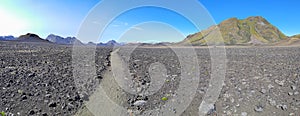 Black volcanic landscape in Katla nature reserve on Laugavegur hiking trail in Iceland