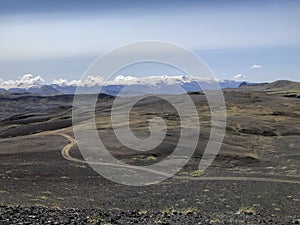 Black volcanic landscape in Katla nature reserve on Laugavegur hiking trail in Iceland. Panorama