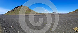 Black volcanic landscape in Katla nature reserve on Laugavegur hiking trail in Iceland. Panorama