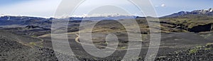 Black volcanic landscape in Katla nature reserve on Laugavegur hiking trail in Iceland. Panorama