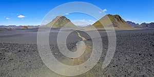 Black volcanic landscape in Katla nature reserve on Laugavegur hiking trail in Iceland. Panorama photo