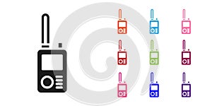 Black Walkie talkie icon isolated on white background. Portable radio transmitter icon. Radio transceiver sign. Set